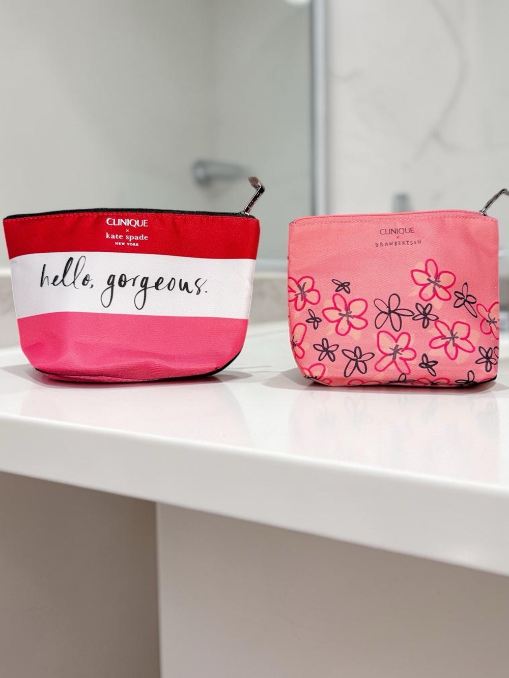 Clinique x Kate Spade & Drawbertson Cosmetic Bag Lot Pink Makeup Pouch LIKE NEW!